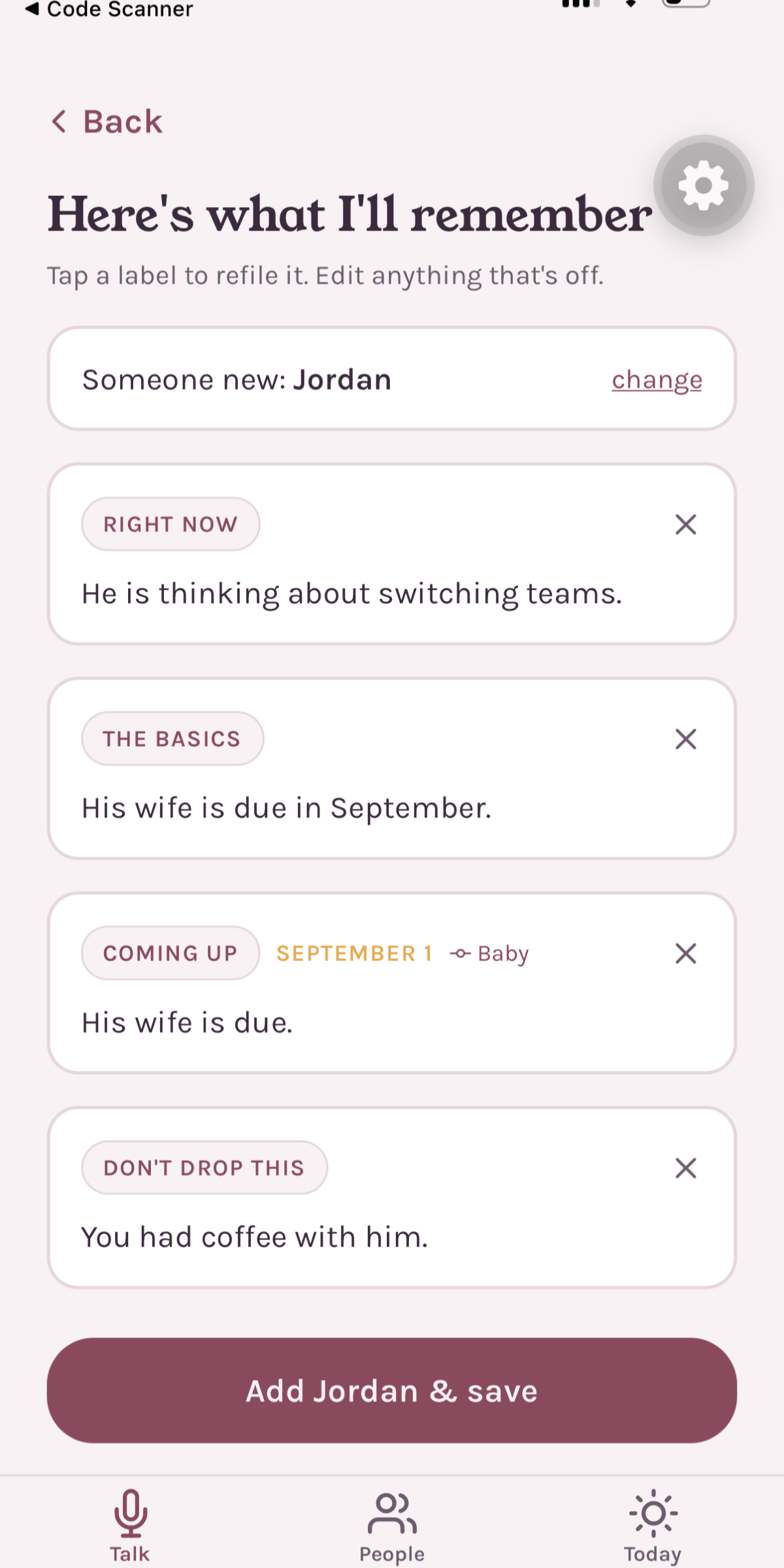 Keeps memory refiling and categorizing screen